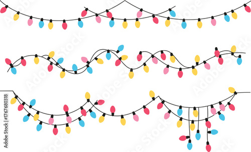 Christmas string lights with colorful teardrop bulbs, festive holiday decoration illustration set, seasonal celebration artwork, cad drawing flat vector design