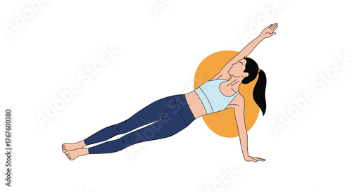 A fit woman performs a challenging side plank pose with her arm extended upwards, showcasing strength and balance in a minimalist illustration.