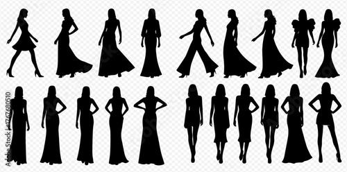 Collection of diverse female fashion model silhouettes in various poses and outfits, showcasing different styles.