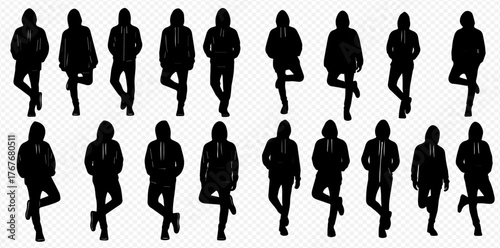 Collection of black silhouettes of people in hoodies standing in various casual poses.