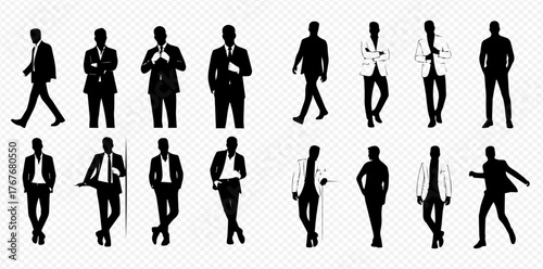 Collection of diverse male silhouettes in business and casual attire, showcasing various standing and walking poses.