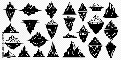 Collection of black silhouette icebergs and mountains with reflections against a transparent background.