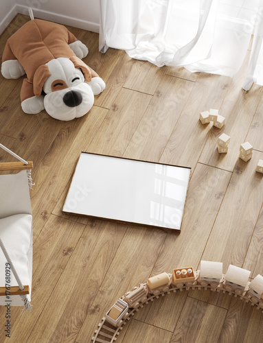 Mock up frame in children room, Scandinavian style interior background, 3D render