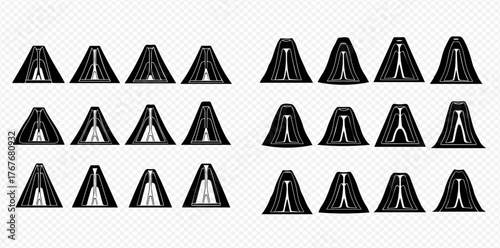 Vector illustration of various black camping tents with white interiors, featuring different shapes and open entrances.