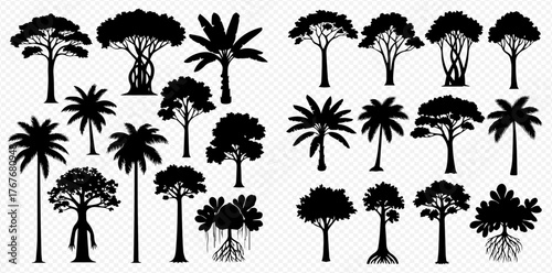 A comprehensive collection of diverse tree silhouettes, showcasing various species including tropical palms, broadleaf, and unique root structures.