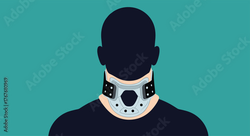 Illustration of a person wearing a neck brace, signifying injury or medical support, against a teal background.