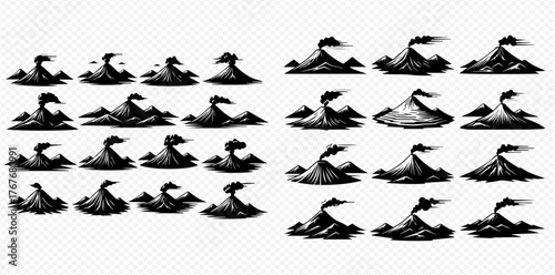 Collection of pixel art style volcano illustrations showing different eruption stages and volcanic activity.