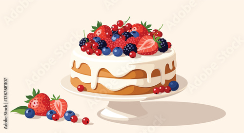 Delicious berry cake on a white cake stand with dripping white frosting and scattered fresh berries on a light peach background, a sweet dessert treat.