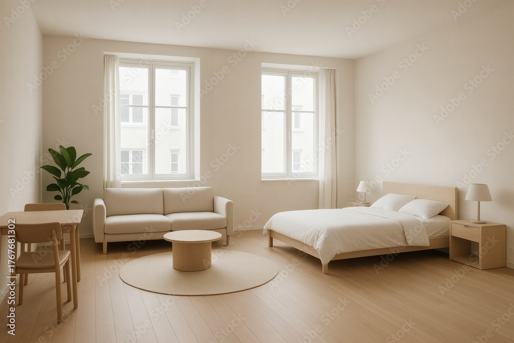 Fototapeta premium Minimalist Open-Plan Studio – Bright Modern Interior Inspiration for Stylish and Functional Living Spaces