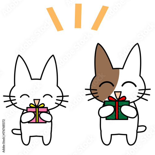 笑顔の猫がプレゼントを持つかわいいベクターイラスト。仲良しの2匹の猫が贈り物を手にしているシンプルでポップなデザイン。誕生日やクリスマス、感謝の気持ちを伝えるシーンに最適