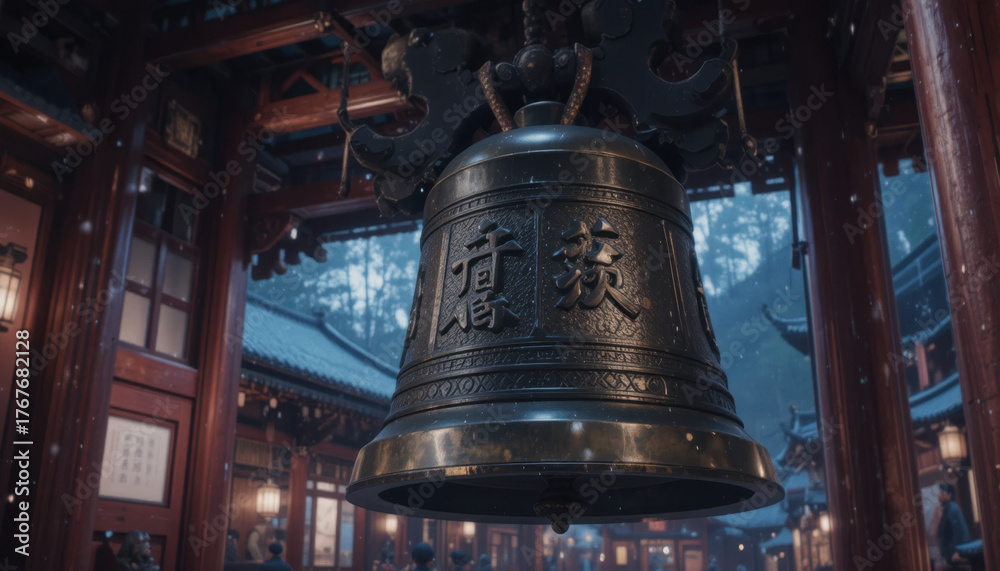 Obraz premium Large, ornate bronze bell hangs in traditional Asian temple, surrounded by wooden architecture and soft ambient lighting. Snow gently falls, creating serene and peaceful atmosphere