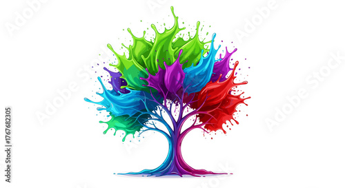 Colorful tree created from paint splashes in vibrant design  