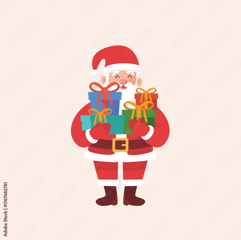 Obraz premium Santa Claus, a jolly figure, stands with a pile of colorful wrapped presents, embodies Christmas spirit, joy, and the tradition of gifting and celebrations