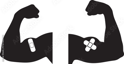 Two black silhouettes of flexed biceps with bandages showing strength and resilience silhouette