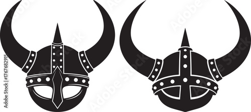 Two iconic viking helmets with prominent horns in a striking silhouette