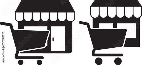 Two shopping carts in front of storefronts representing retail and commerce silhouette