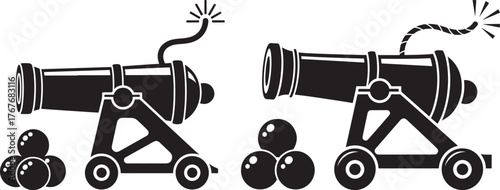 Two vintage cannons with cannonballs and firing fuse silhouette