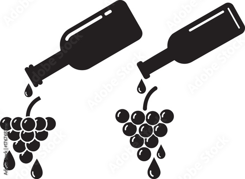 Two dark silhouettes of wine bottles pouring liquid onto grapes silhouette