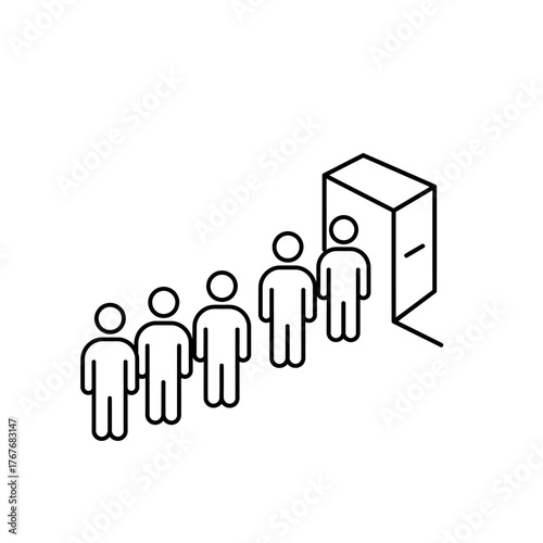 People queuing in a line to enter through an open doorway.