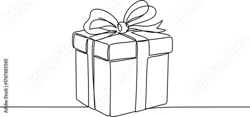 Gift box line drawing with ribbon and decorative bow, festive holiday present illustration, celebration artwork, cad drawing flat vector design