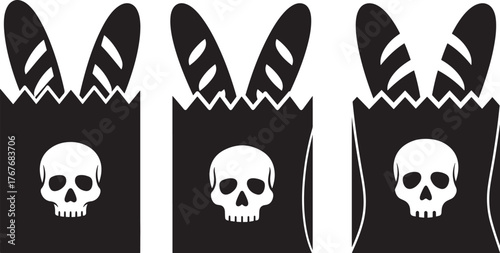 Three black shopping bags with skull designs and bunny ears silhouette