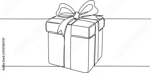 Gift box silhouette with ribbon and decorative bow, festive holiday present illustration, celebration artwork, cad drawing flat vector design