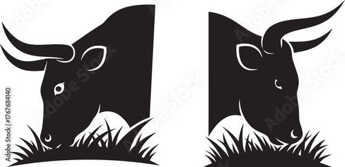 Two majestic bull heads grazing in lush green grass silhouette