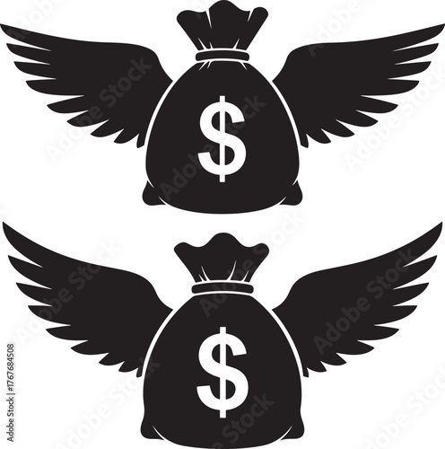 Two black silhouette money bags with wings and dollar signs silhouette