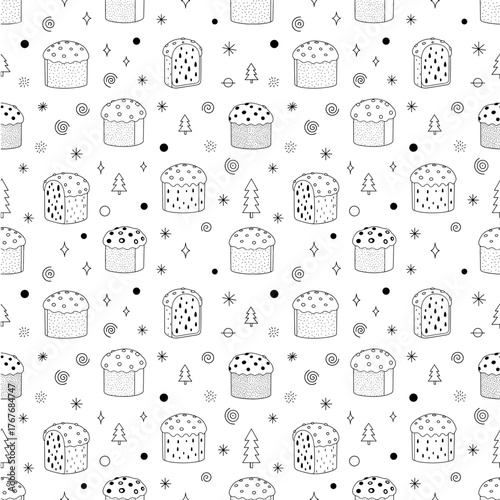  panettone artline seamless pattern and christmas elements art line isolated background