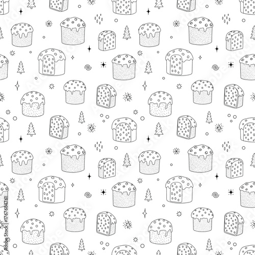 Seamless pattern of handdrawn panettone cakes and christmas elements