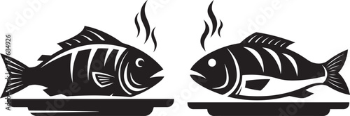 Two stylized fish silhouettes facing each other with steam rising silhouette
