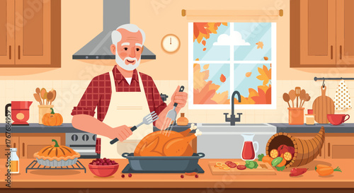 thanksgiving dinner in vector illustration- Grandfather carving a roasted turkey in a cozy kitchen for thanksgiving dinner
