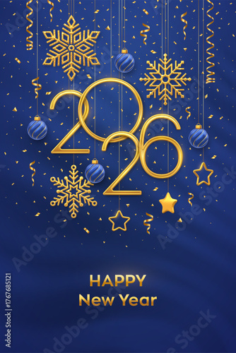 Happy New Year 2026. Hanging Golden metallic numbers 2026 with shining snowflakes, 3D metallic stars, balls and confetti on blue background. New Year greeting card or banner template. Vector.