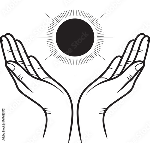 Mystic Hands Holding Sun Eclipse Black and White Icon Vector on Transparent Layout