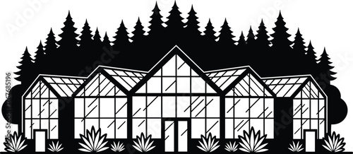 Greenhouse complex with pine trees and plants, sustainable agriculture illustration, eco‑friendly horticulture design, nature environment artwork, cad drawing flat vector illustration