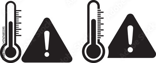 Two warning signs with thermometers indicating high temperature silhouette