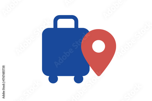 Blue travel luggage suitcase next to a red location map pin pointer