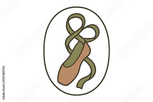 Stylized ballet pointe shoe with long wrapping ribbons inside a decorative circular frame