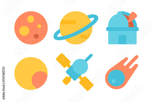 Colorful flat design space exploration icons set with planets, satellite, and observatory
