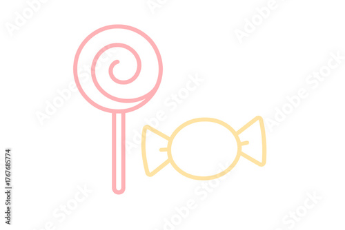 Pastel colored swirl lollipop and wrapped hard candy in minimalist line art style