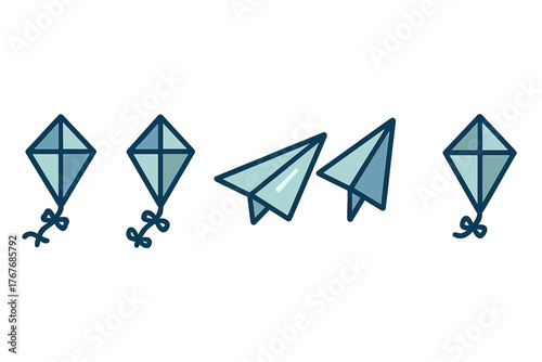 Simple blue kite and paper airplane symbols representing fun and freedom