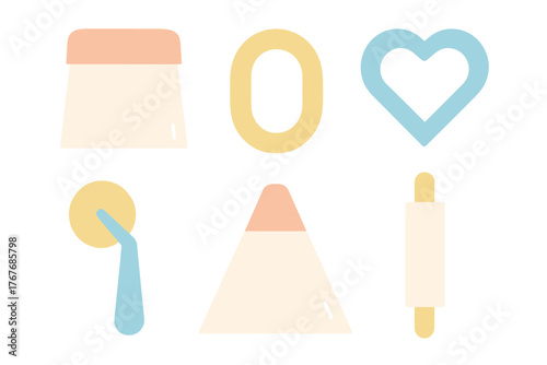 Essential baking tools and pastry equipment set with cookie cutters in pastel colors
