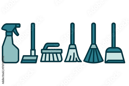 Essential household cleaning tools and equipment set including spray bottle and broom