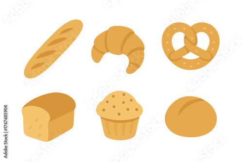 Set of six popular baked goods including baguette croissant pretzel and bread loaf
