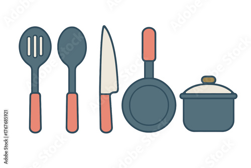 Essential kitchen utensils set including spoons, knife, frying pan, and cooking pot