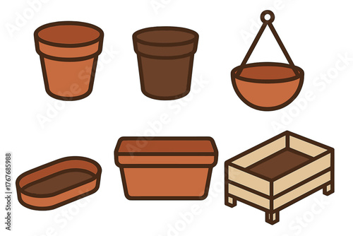 Collection of empty gardening containers including terracotta pots, rectangular planters, and a wooden seed starting box