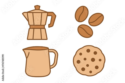 Stylized icons of Moka pot, creamer pitcher, roasted coffee beans, and chocolate chip cookie