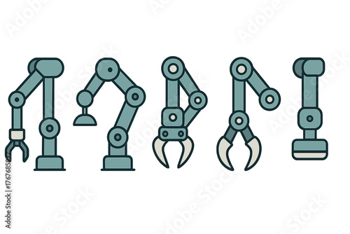 Collection of five mechanical robot arms and grippers for industrial automation and assembly lines