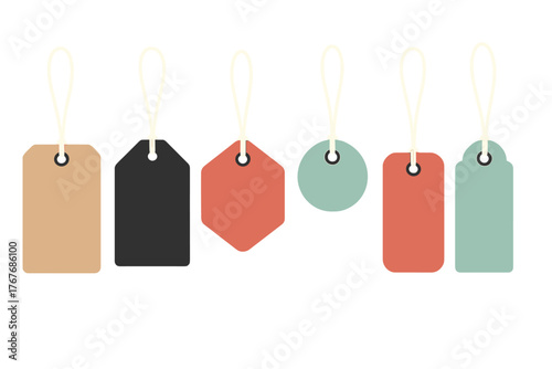 Blank hanging retail price tags and labels set in various shapes and colors for sales promotion