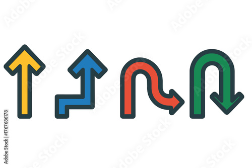 Colorful directional arrows representing movement, navigation, flow, and change of course